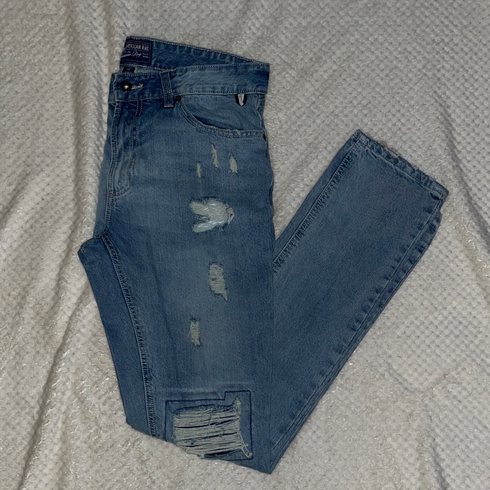 American Rag Men's Light Blue Distressed Straight Leg Jeans 32 X 34